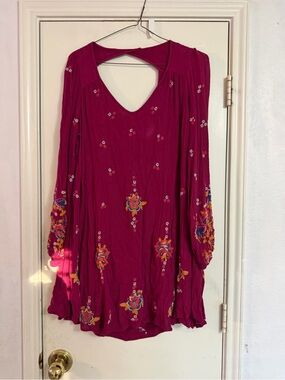 Free People Embroidered Swing Dress - Burgundy